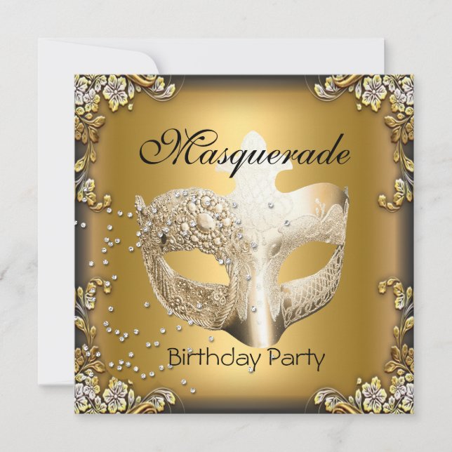 Invitación Fiesta de cumpleaños negro de oro Masquerade (Anverso)