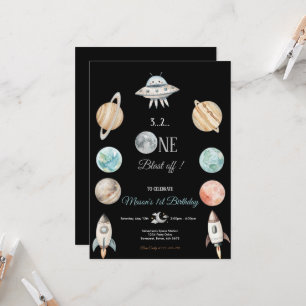 INVITACIÓN FIESTA DE CUMPLEAÑOS NEGRO DESPEGUE ESPACIAL Y PLA