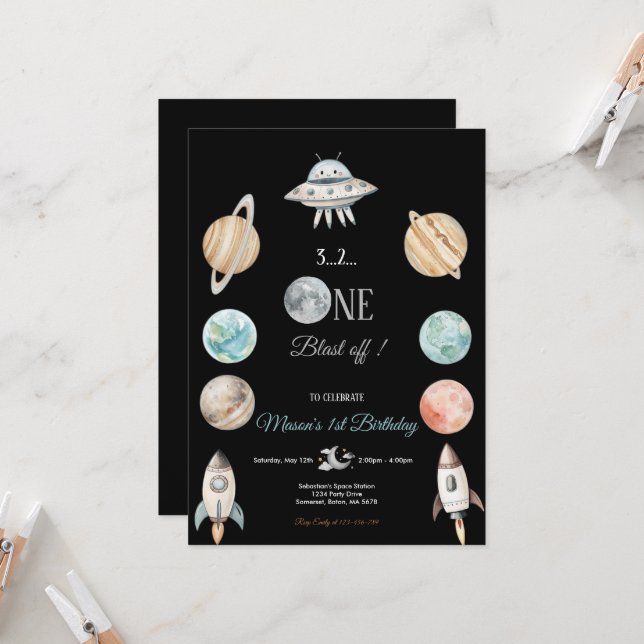INVITACIÓN FIESTA DE CUMPLEAÑOS NEGRO DESPEGUE ESPACIAL Y PLA (Anverso/Reverso In Situ)