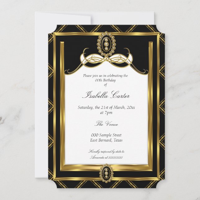 Invitación Fiesta de Cumpleaños negro joya blanca Art Deco Do (Anverso)