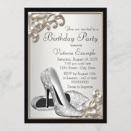Invitación Fiesta de Cumpleaños Negro Marfil Plateado