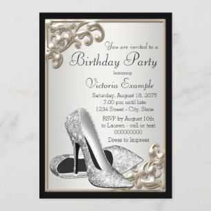 Invitación Fiesta de Cumpleaños Negro Marfil Plateado