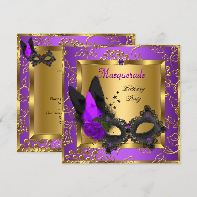 Invitación Fiesta de cumpleaños negro Masquerade Gold Purple (Anverso / Reverso)