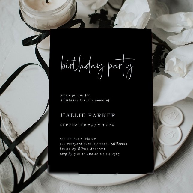 Invitación Fiesta de cumpleaños negro | Moderna y minimalista (A dark, modern adult birthday party invitation in black)