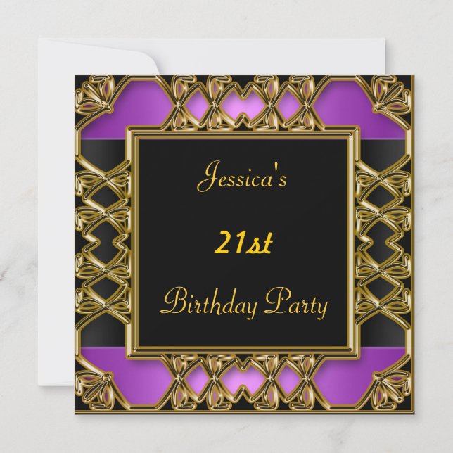 Invitación Fiesta de Cumpleaños  Negro Púrpura Dorado (Anverso)