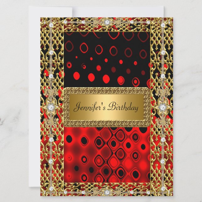 Invitación Fiesta de cumpleaños negro rojo dorado (Anverso)