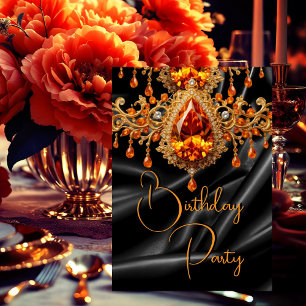 Invitación Fiesta de Cumpleaños Negro Seda Dorada Joya Naranj