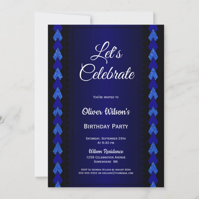 Invitación Fiesta de cumpleaños negro y azul (Anverso)