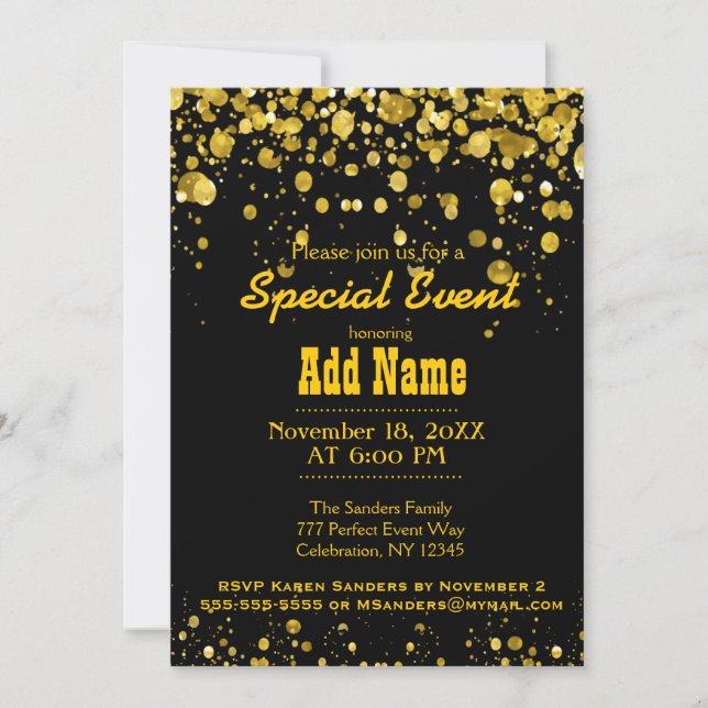 Invitación Fiesta de cumpleaños | Negro y oro (Anverso)