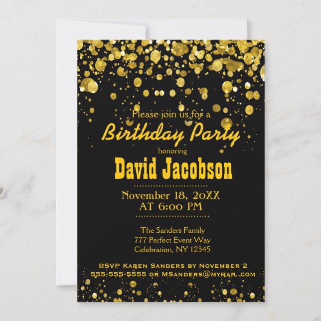 Invitación Fiesta de cumpleaños | Negro y oro (Anverso)