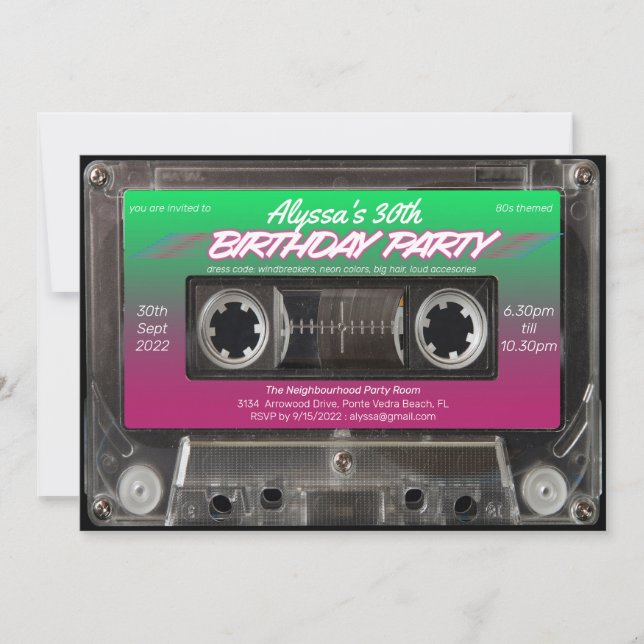 Invitación Fiesta de cumpleaños Neon Cassette de Retro Verde  (Anverso)