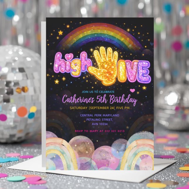 Invitación Fiesta de Cumpleaños Neon Glow Sparkle High Five (Subido por el creador)