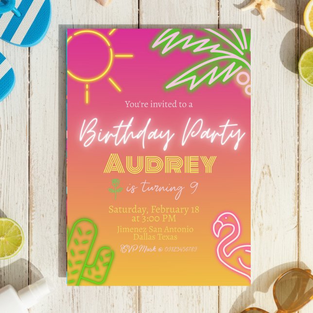 Invitación Fiesta de cumpleaños - Neón rosa (Birthday Party - Pink Neon Invitation)