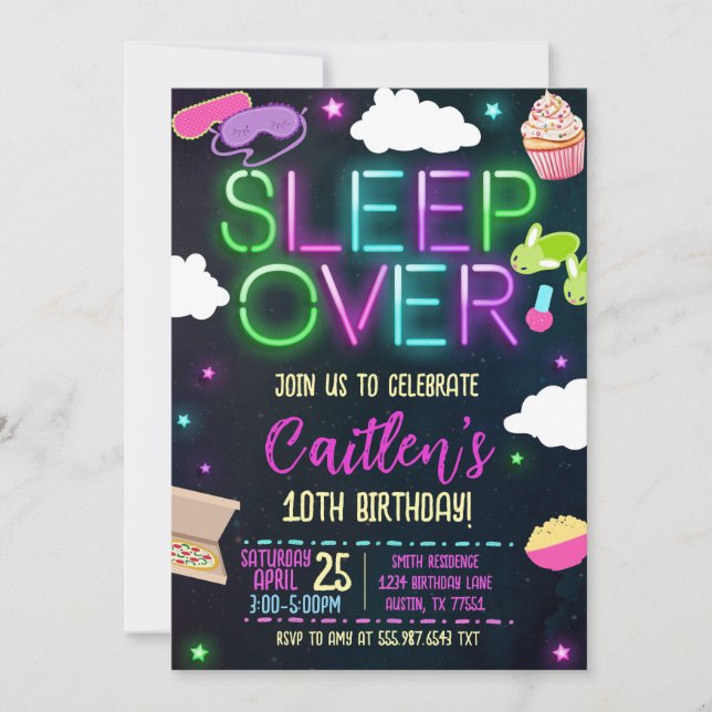 Invitación Fiesta de Cumpleaños Neon Sleepover (Anverso)