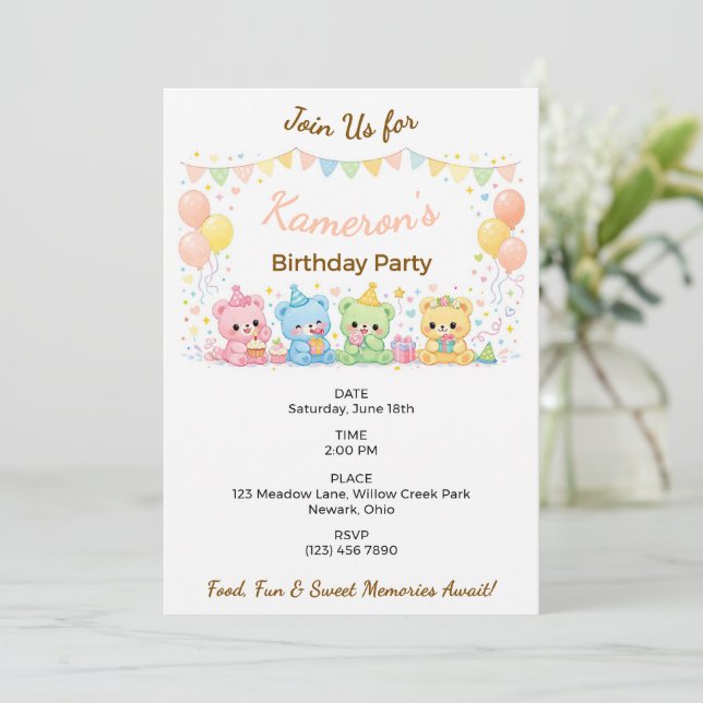 Invitación Fiesta de Cumpleaños Neutral de Ositos Bebés Paste (Anverso de pie)