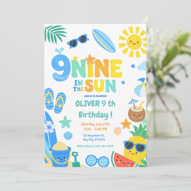 Invitación Fiesta de Cumpleaños Nine en la Playa del Sol (Anverso de pie)