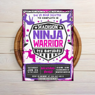 Invitación Fiesta de Cumpleaños Ninja Atlético Rosa Púrpura
