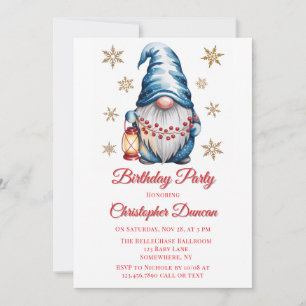 Invitación Fiesta de Cumpleaños Niño Gnomo de Navidad Azul