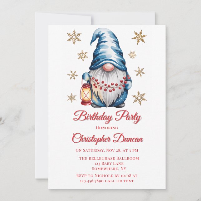 Invitación Fiesta de Cumpleaños Niño Gnomo de Navidad Azul (Anverso)