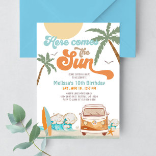Invitación Fiesta de Cumpleaños Niño Orange Blue Here Comes t