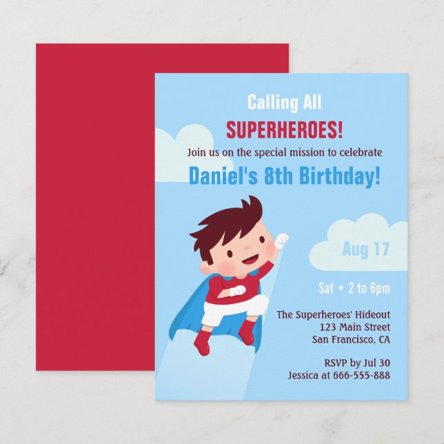 Invitación Fiesta de Cumpleaños Niño Superhéroe Volador (Anverso / Reverso)