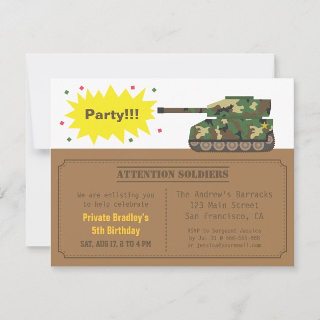 Invitación Fiesta de Cumpleaños Niño Tanque Estampado de Camu (Anverso)
