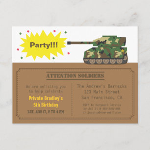 Invitación Fiesta de Cumpleaños Niño Tanque Estampado de Camu