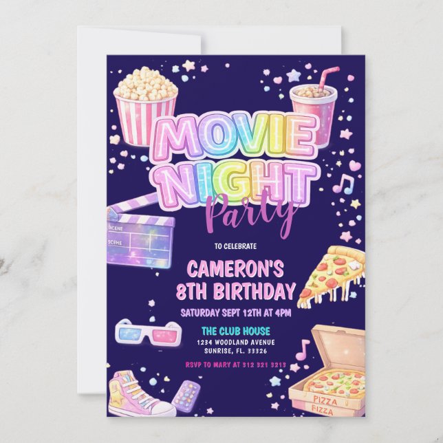 Invitación Fiesta de cumpleaños noche de cine  (Anverso)