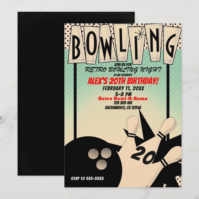 Invitación Fiesta de Cumpleaños Nocturna con Bola de Boliche  (Anverso / Reverso)