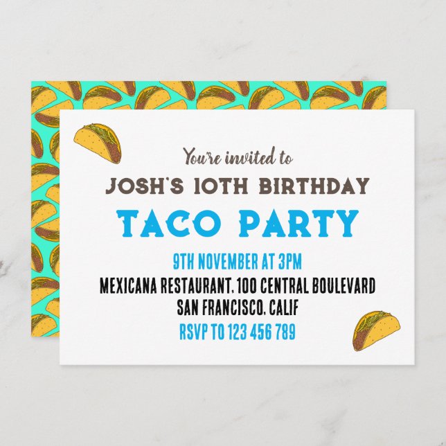 Invitación Fiesta de cumpleaños nocturno de los niños de Taco (Anverso / Reverso)