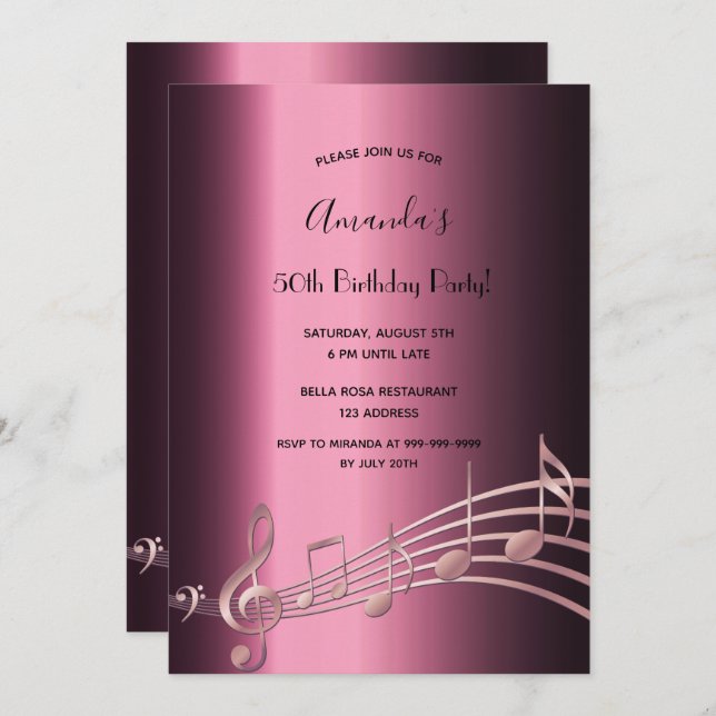 Invitación Fiesta de cumpleaños nota de música de oro rosa pú (Anverso / Reverso)