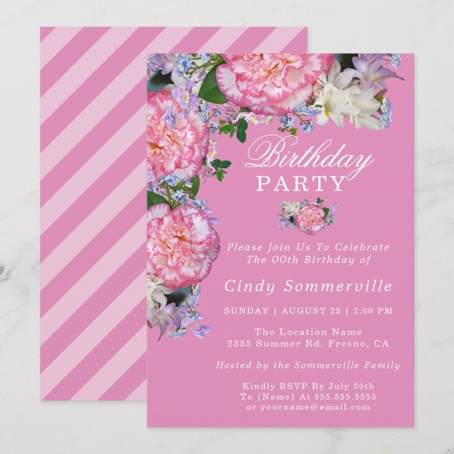 Invitación Fiesta de cumpleaños número 00 de Floral Rosa (Anverso / Reverso)