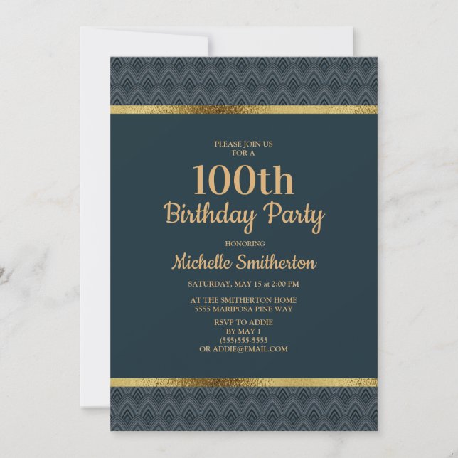 Invitación Fiesta de cumpleaños número 100 azul marino dorado (Anverso)
