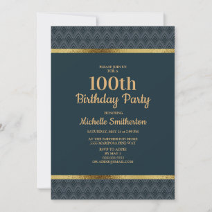 Invitación Fiesta de cumpleaños número 100 azul marino dorado