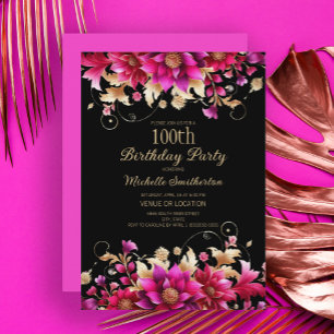 Invitación Fiesta de cumpleaños número 100 Black Pink Gold Fl