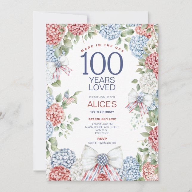 Invitación Fiesta de cumpleaños número 100, blanco y azul roj (Anverso)