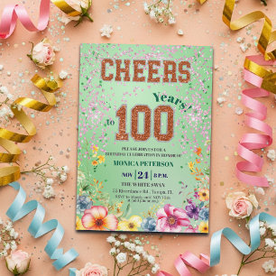 Invitación Fiesta de cumpleaños número 100 con brillo de esme