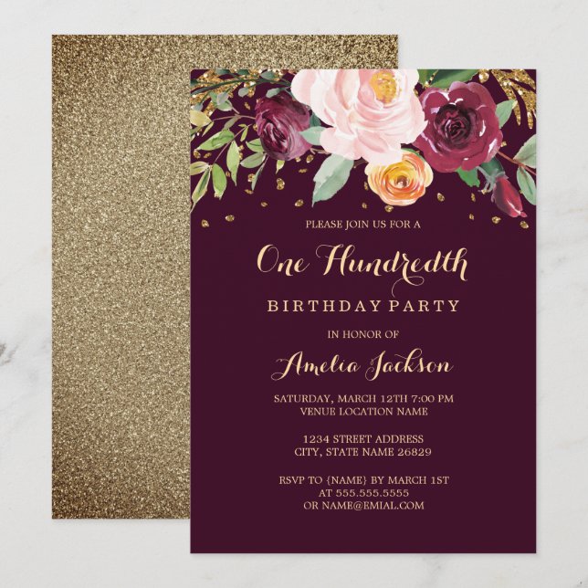Invitación Fiesta de cumpleaños número 100 con brillo floral  (Anverso / Reverso)