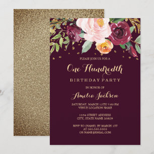 Invitación Fiesta de cumpleaños número 100 con brillo floral