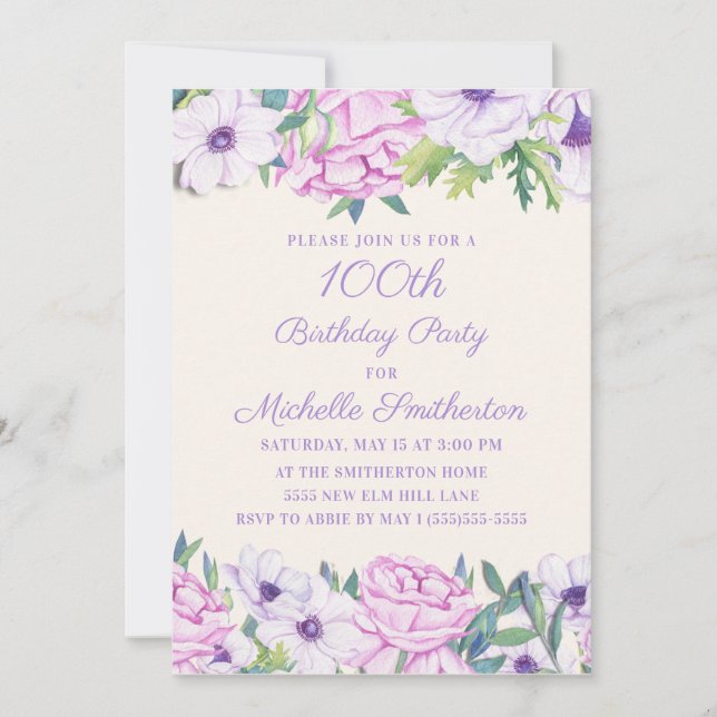 Invitación Fiesta de cumpleaños número 100 con flores de lila (Anverso)