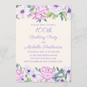 Invitación Fiesta de cumpleaños número 100 con flores de lila