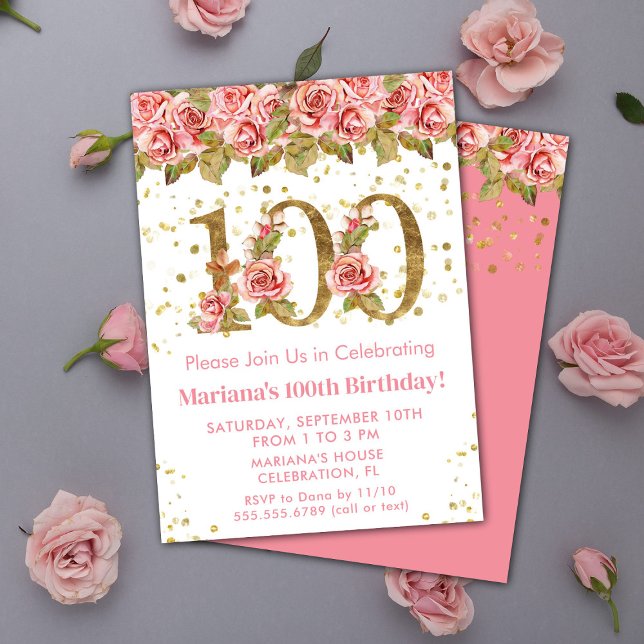 Invitación Fiesta de cumpleaños número 100 con flores rosadas (Subido por el creador)