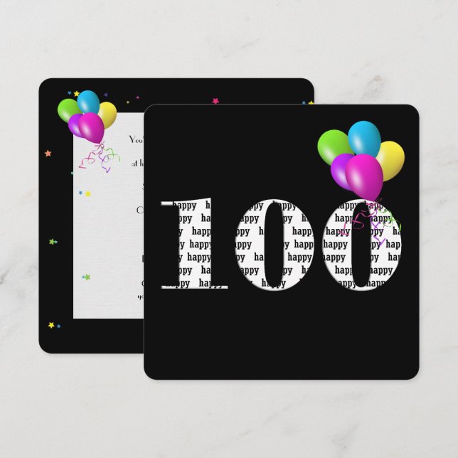 Invitación Fiesta de cumpleaños número 100 con grupo de globo (Anverso / Reverso)