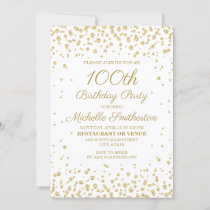 Invitación Fiesta de cumpleaños número 100 con purpurina dora