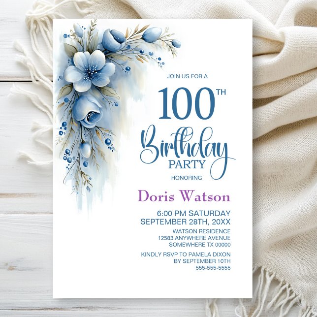 Invitación Fiesta de cumpleaños número 100 con tema floral az (Subido por el creador)