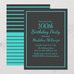 Invitación Fiesta de cumpleaños número 100 con turquesa rayad