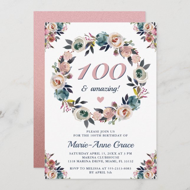 Invitación Fiesta de cumpleaños número 100 Damas Florales (Anverso / Reverso)