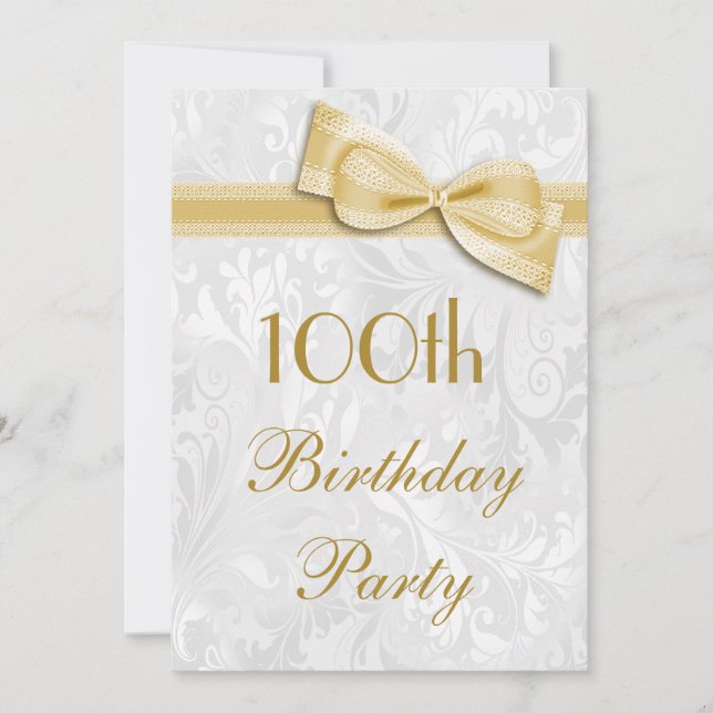 Invitación Fiesta de cumpleaños número 100 Damasco y Faux Bow (Anverso)