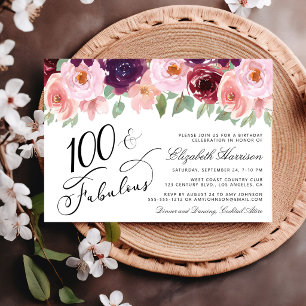 Invitación Fiesta de cumpleaños número 100 de acuarela floral