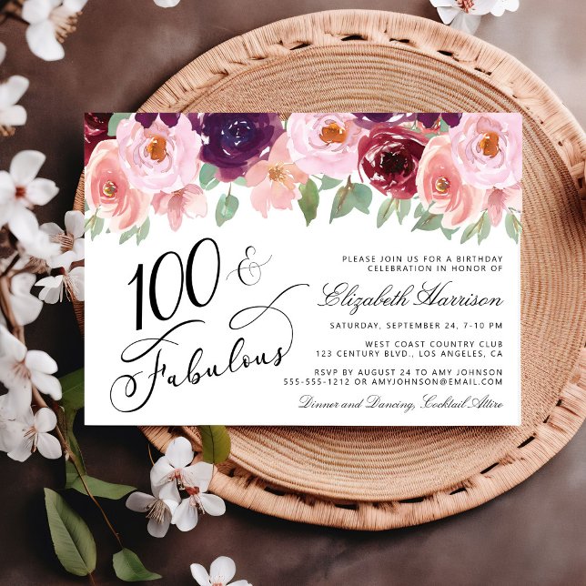 Invitación Fiesta de cumpleaños número 100 de acuarela floral (Elegant Floral Watercolor 100th Birthday Party Invitation)